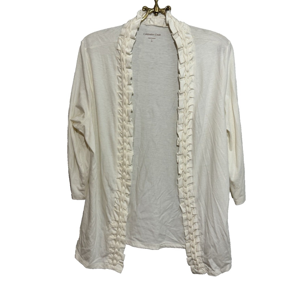 Coldwater Creek Open Front Cardigan Large Ruffle‎  Trim Ivory Cream